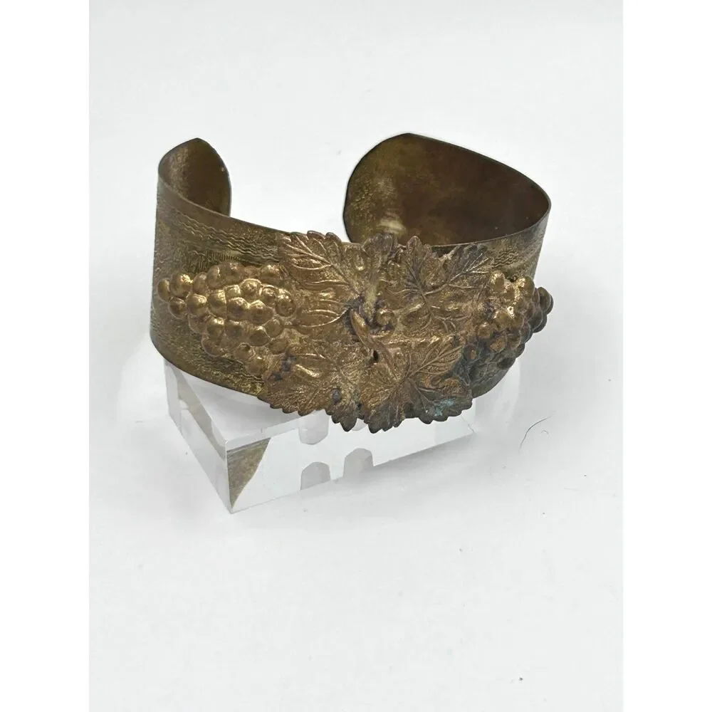 Vintage Brass Victorian Revival Cuff Bracelet Grapes Leaves Embossed